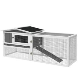 PawHut Rabbit Hutch and Run Outdoor Bunny Cage Wooden Guinea Pig Hide House with Sliding Tray, Hay Rack, Ramp, 156 x 58 x 68cm, Grey - thumbnail 1