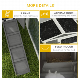 PawHut Rabbit Hutch and Run Outdoor Bunny Cage Wooden Guinea Pig Hide House with Sliding Tray, Hay Rack, Ramp, 156 x 58 x 68cm, Grey - thumbnail 7