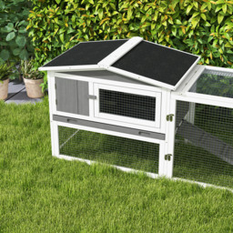 PawHut Rabbit Hutch and Run Outdoor Bunny Cage Wooden Guinea Pig Hide House with Sliding Tray, Hay Rack, Ramp, 156 x 58 x 68cm, Grey - thumbnail 9