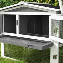 PawHut Rabbit Hutch and Run Outdoor Bunny Cage Wooden Guinea Pig Hide House with Sliding Tray, Hay Rack, Ramp, 156 x 58 x 68cm, Grey - thumbnail 8