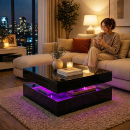 HOMCOM LED Coffee Table with Storage, 2-Tier Modern Centre Table with Open Shelf and Remote for Living Room, High Gloss Black - thumbnail 9