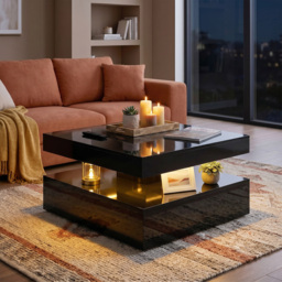 HOMCOM LED Coffee Table with Storage, 2-Tier Modern Centre Table with Open Shelf and Remote for Living Room, High Gloss Black - thumbnail 8