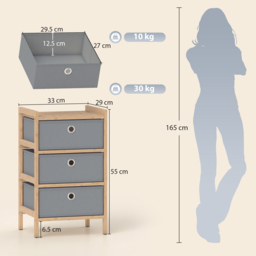 HOMCOM Chest of Drawers, 3 Fabric Drawers Narrow Dresser with Bamboo Frame, Light Grey - thumbnail 3