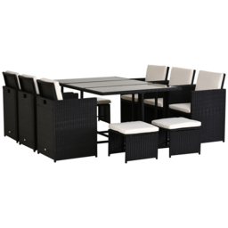 Outsunny 11PC Rattan Garden Furniture Outdoor Patio Dining Table Set Weave Wicker 10 Seater Stool Black - thumbnail 1