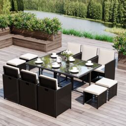 Outsunny 11PC Rattan Garden Furniture Outdoor Patio Dining Table Set Weave Wicker 10 Seater Stool Black - thumbnail 2
