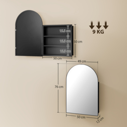 HOMCOM Bathroom Mirror Cabinet with Mirror, Arched Wall Mounted Bathroom Cabinet with Storage Shelves, Black - thumbnail 3