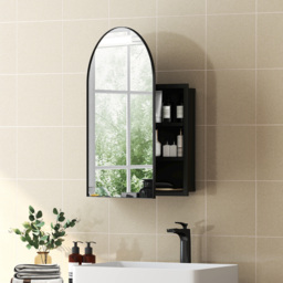 HOMCOM Bathroom Mirror Cabinet with Mirror, Arched Wall Mounted Bathroom Cabinet with Storage Shelves, Black - thumbnail 2