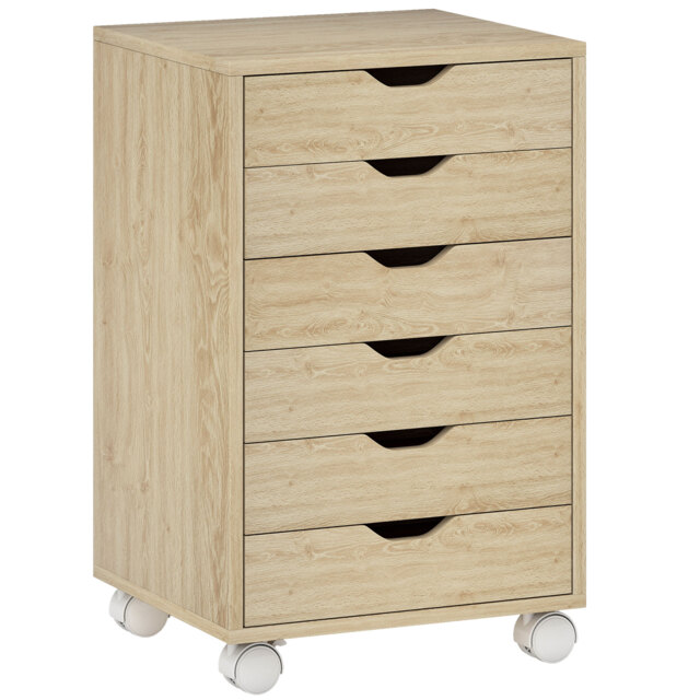 HOMCOM 6 Drawer Vertical File Cabinet, Mobile Filing Cabinet with Quiet Drawers and Wheels with 2 Brakes, Oak Wood Effect - image 1