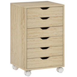 HOMCOM 6 Drawer Vertical File Cabinet, Mobile Filing Cabinet with Quiet Drawers and Wheels with 2 Brakes, Oak Wood Effect