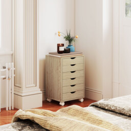 HOMCOM 6 Drawer Vertical File Cabinet, Mobile Filing Cabinet with Quiet Drawers and Wheels with 2 Brakes, Oak Wood Effect - thumbnail 7