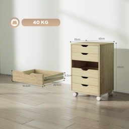 HOMCOM 6 Drawer Vertical File Cabinet, Mobile Filing Cabinet with Quiet Drawers and Wheels with 2 Brakes, Oak Wood Effect - thumbnail 3
