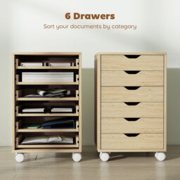 HOMCOM 6 Drawer Vertical File Cabinet, Mobile Filing Cabinet with Quiet Drawers and Wheels with 2 Brakes, Oak Wood Effect - thumbnail 4