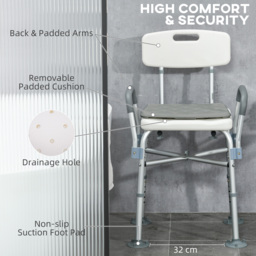 HOMCOM Shower Stool: Adjustable Aluminium Bath Chair with Backrest, Armrests, Detachable Padded Seat, Non-Slip, Whitewater - thumbnail 4