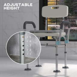 HOMCOM Shower Stool: Adjustable Aluminium Bath Chair with Backrest, Armrests, Detachable Padded Seat, Non-Slip, Whitewater - thumbnail 6