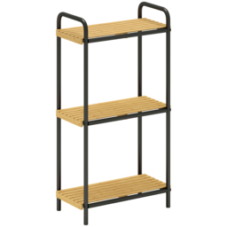 HOMCOM 3-Tier Bamboo Bathroom Storage Shelf, Freestanding Narrow Shelving Unit with Slatted Shelves for Kitchen Bathroom Living Room, 41.5 x 21.5 x 77.5 cm, Natural and Black - thumbnail 1