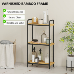 HOMCOM 3-Tier Bamboo Bathroom Storage Shelf, Freestanding Narrow Shelving Unit with Slatted Shelves for Kitchen Bathroom Living Room, 41.5 x 21.5 x 77.5 cm, Natural and Black - thumbnail 5