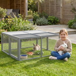 PawHut Wooden Folding Rabbit Hutch, Grey - Aosom UK - thumbnail 2