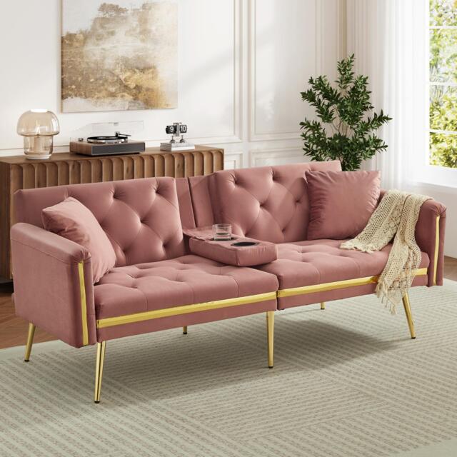 Two-Seater Convertible Sofa Bed with  Adjustable Backrest, Space-Saving Sleeper Sofa with High-Density Foam, 174L x 76W x 71.5H cm, Pink - Aosom UK - image 1