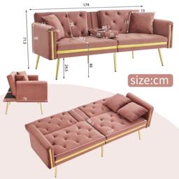 Two-Seater Convertible Sofa Bed with  Adjustable Backrest, Space-Saving Sleeper Sofa with High-Density Foam, 174L x 76W x 71.5H cm, Pink - Aosom UK - thumbnail 3
