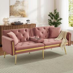 Two-Seater Convertible Sofa Bed with  Adjustable Backrest, Space-Saving Sleeper Sofa with High-Density Foam, 174L x 76W x 71.5H cm, Pink - Aosom UK