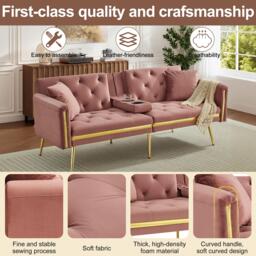 Two-Seater Convertible Sofa Bed with  Adjustable Backrest, Space-Saving Sleeper Sofa with High-Density Foam, 174L x 76W x 71.5H cm, Pink - Aosom UK - thumbnail 6