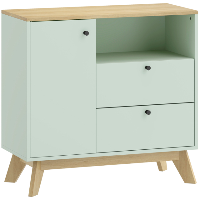HOMCOM Sideboard Storage Cabinet, 80 cm Buffet Cabinet with 2 Drawers, Open Compartment, Adjustable Shelf, Light Green and Oak - image 1