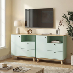 HOMCOM Sideboard Storage Cabinet, 80 cm Buffet Cabinet with 2 Drawers, Open Compartment, Adjustable Shelf, Light Green and Oak - thumbnail 9