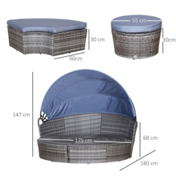 Outsunny 6-Seater Rattan Sofa Bed Garden Furniture Cushioned Wicker Round Sofa Bed with Coffee Table  Patio Conversation Furniture Set - Grey - thumbnail 3