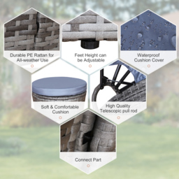 Outsunny 6-Seater Rattan Sofa Bed Garden Furniture Cushioned Wicker Round Sofa Bed with Coffee Table  Patio Conversation Furniture Set - Grey - thumbnail 4