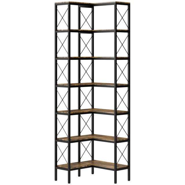 HOMCOM 6-Tier L-Shaped Bookshelf, Freestanding Corner Bookcase with Metal Frame, Rustic Brown - image 1