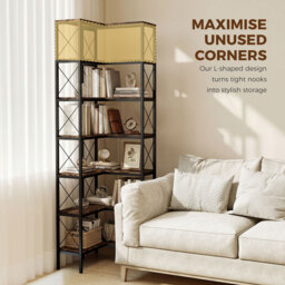 HOMCOM 6-Tier L-Shaped Bookshelf, Freestanding Corner Bookcase with Metal Frame, Rustic Brown - thumbnail 4