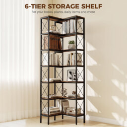 HOMCOM 6-Tier L-Shaped Bookshelf, Freestanding Corner Bookcase with Metal Frame, Rustic Brown - thumbnail 5