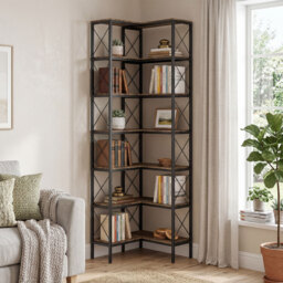HOMCOM 6-Tier L-Shaped Bookshelf, Freestanding Corner Bookcase with Metal Frame, Rustic Brown - thumbnail 2