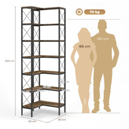 HOMCOM 6-Tier L-Shaped Bookshelf, Freestanding Corner Bookcase with Metal Frame, Rustic Brown - thumbnail 3
