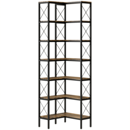 HOMCOM 6-Tier L-Shaped Bookshelf, Freestanding Corner Bookcase with Metal Frame, Rustic Brown - thumbnail 1