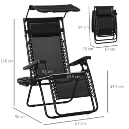 Outsunny 2 Piece Foldable Reclining Garden Chair with Headrest, Zero Gravity Deck Sun Lounger Seat Chair w/ Footrest, Armrest, Cup Holder - Aosom UK - thumbnail 3