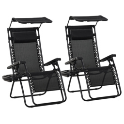 Outsunny 2 Piece Foldable Reclining Garden Chair with Headrest, Zero Gravity Deck Sun Lounger Seat Chair w/ Footrest, Armrest, Cup Holder - Aosom UK - thumbnail 1