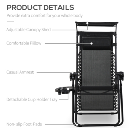 Outsunny 2 Piece Foldable Reclining Garden Chair with Headrest, Zero Gravity Deck Sun Lounger Seat Chair w/ Footrest, Armrest, Cup Holder - Aosom UK - thumbnail 4
