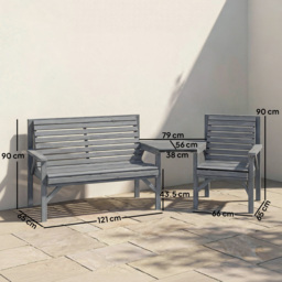 Outsunny Wooden Garden Furniture Set with Parasol Hole, 1 Chair, 1 Bench and Detachable Table, Grey Embossed Finish - thumbnail 3