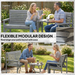 Outsunny Wooden Garden Furniture Set with Parasol Hole, 1 Chair, 1 Bench and Detachable Table, Grey Embossed Finish - thumbnail 4