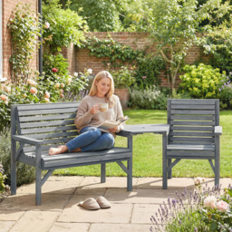 Outsunny Wooden Garden Furniture Set with Parasol Hole, 1 Chair, 1 Bench and Detachable Table, Grey Embossed Finish - thumbnail 2