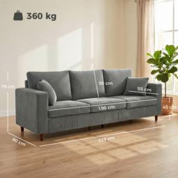 HOMCOM 3 Seater Sofa with Wide Seat, Corduroy Fabric Couch with Deep Seat, Spring Cushion, Light Grey - thumbnail 3