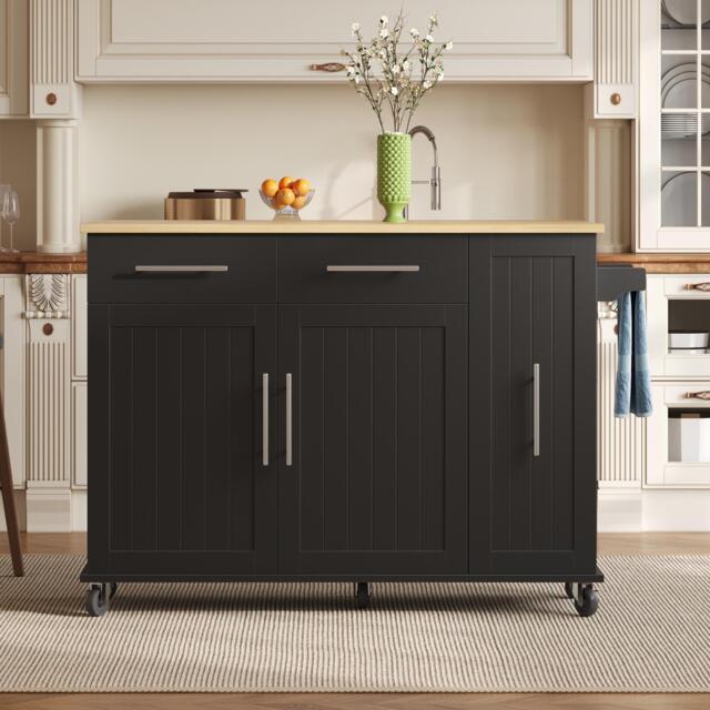 Sleek Kitchen Trolley with Drop Leaf, Pull-Out Organiser, Mobile Kitchen Island with Lockable Castors, 120L x 40W x 90H cm, Black+Natural - Aosom UK - image 1