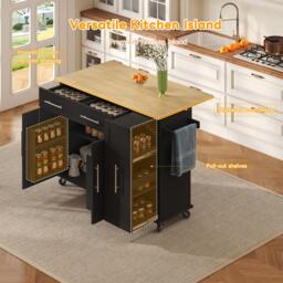 Sleek Kitchen Trolley with Drop Leaf, Pull-Out Organiser, Mobile Kitchen Island with Lockable Castors, 120L x 40W x 90H cm, Black+Natural - Aosom UK - thumbnail 6
