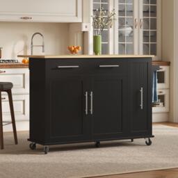 Sleek Kitchen Trolley with Drop Leaf, Pull-Out Organiser, Mobile Kitchen Island with Lockable Castors, 120L x 40W x 90H cm, Black+Natural - Aosom UK - thumbnail 9