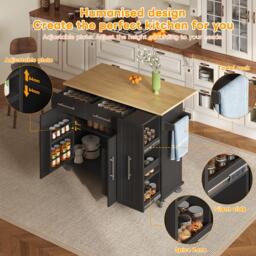 Sleek Kitchen Trolley with Drop Leaf, Pull-Out Organiser, Mobile Kitchen Island with Lockable Castors, 120L x 40W x 90H cm, Black+Natural - Aosom UK - thumbnail 7