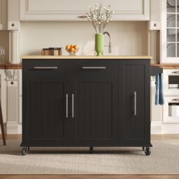 Sleek Kitchen Trolley with Drop Leaf, Pull-Out Organiser, Mobile Kitchen Island with Lockable Castors, 120L x 40W x 90H cm, Black+Natural - Aosom UK - thumbnail 1
