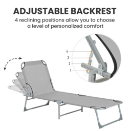 Outsunny Reclining Sun Lounger Chair Folding Camping Bed with 4-Position Adjustable Backrest, Grey - thumbnail 4