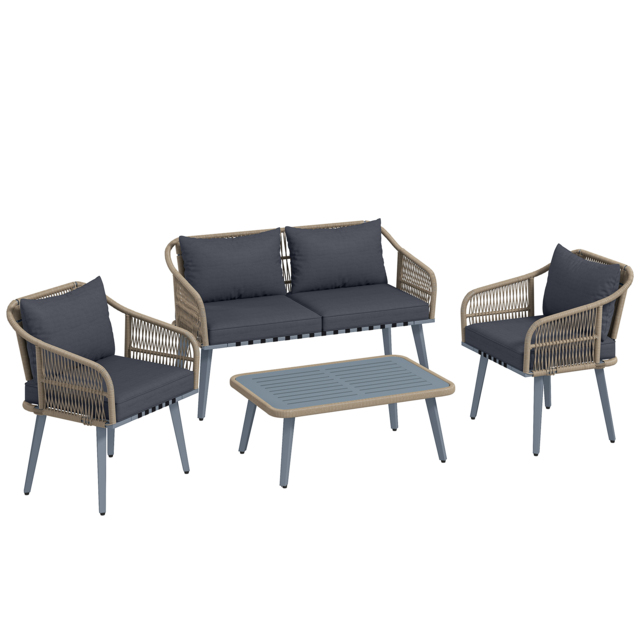 Outsunny 4 Piece Rattan Garden Furniture Set with Loveseat, Armchairs, Wood Table, Wicker Patio Conversation Set, Grey - image 1