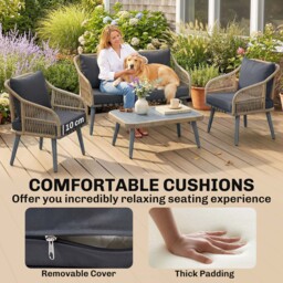 Outsunny 4 Piece Rattan Garden Furniture Set with Loveseat, Armchairs, Wood Table, Wicker Patio Conversation Set, Grey - thumbnail 7